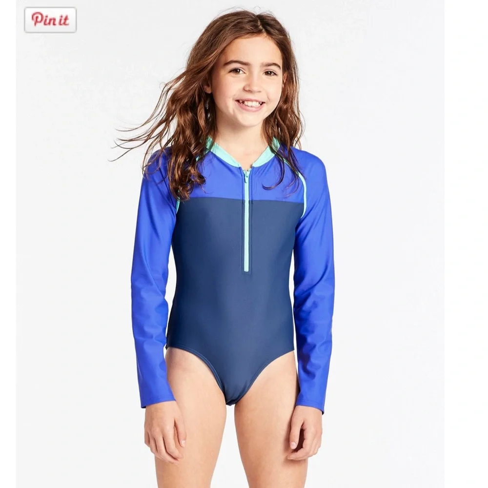 LL Bean Kids Girls Size 14 Bathing Suit One Piece Long Sleeve Swim Blue 1/4 Zip